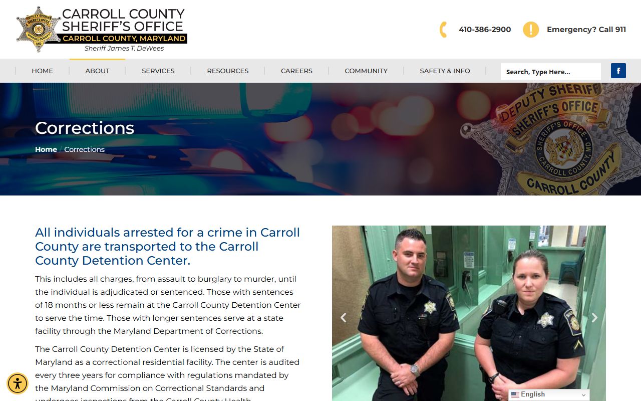 Carroll County Sheriff's corrections page describing Central Booking and detention services