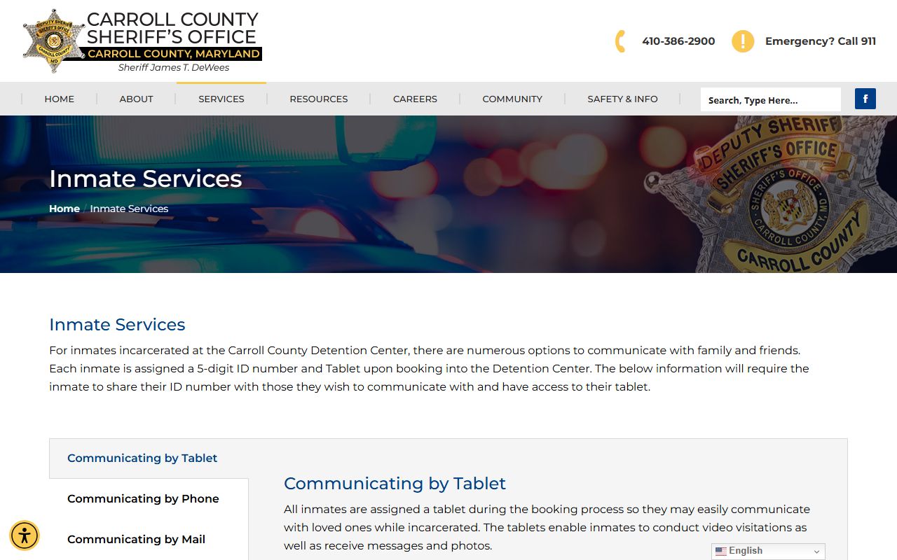 Carroll County inmate services page with mail, visitation, phone, tablet, and commissary sections