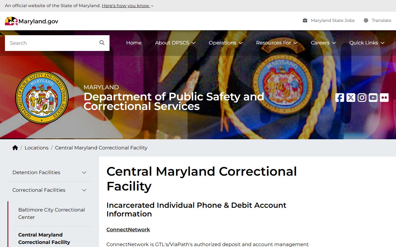DPSCS Central Maryland Correctional Facility page with visiting hours and rules