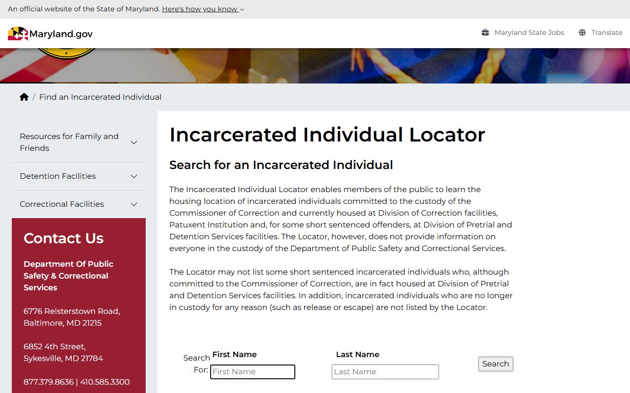 Maryland DPSCS incarcerated individual locator with first name and last name search fields